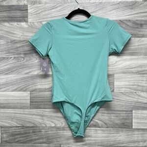 Auden‎ Bodysuit Women's L Green Short Sleeve Fully Lined 4-Way Stretch One Piece